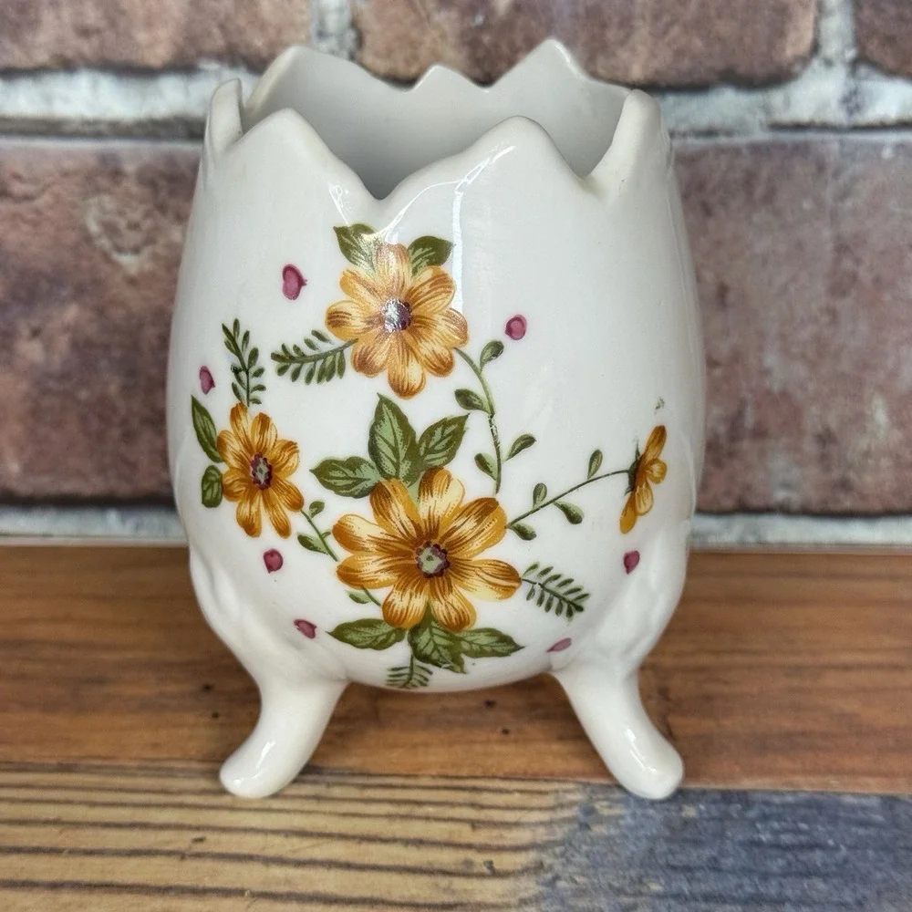 Lefton Cracked Egg‎ Vase Planter #5526 Porcelain 3 Footed Yellow Floral Vtg MCM